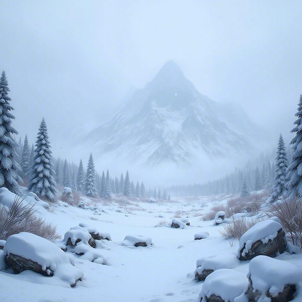 白雪皑皑，梦幻般的冬日魔法，轻柔雪花舞动，神秘山脉隐约可见，仿佛在诉说着千年的故