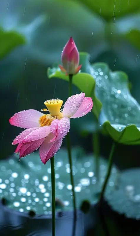 上联：细雨慢敲水中莲，
下联：微风轻拂岸上柳。