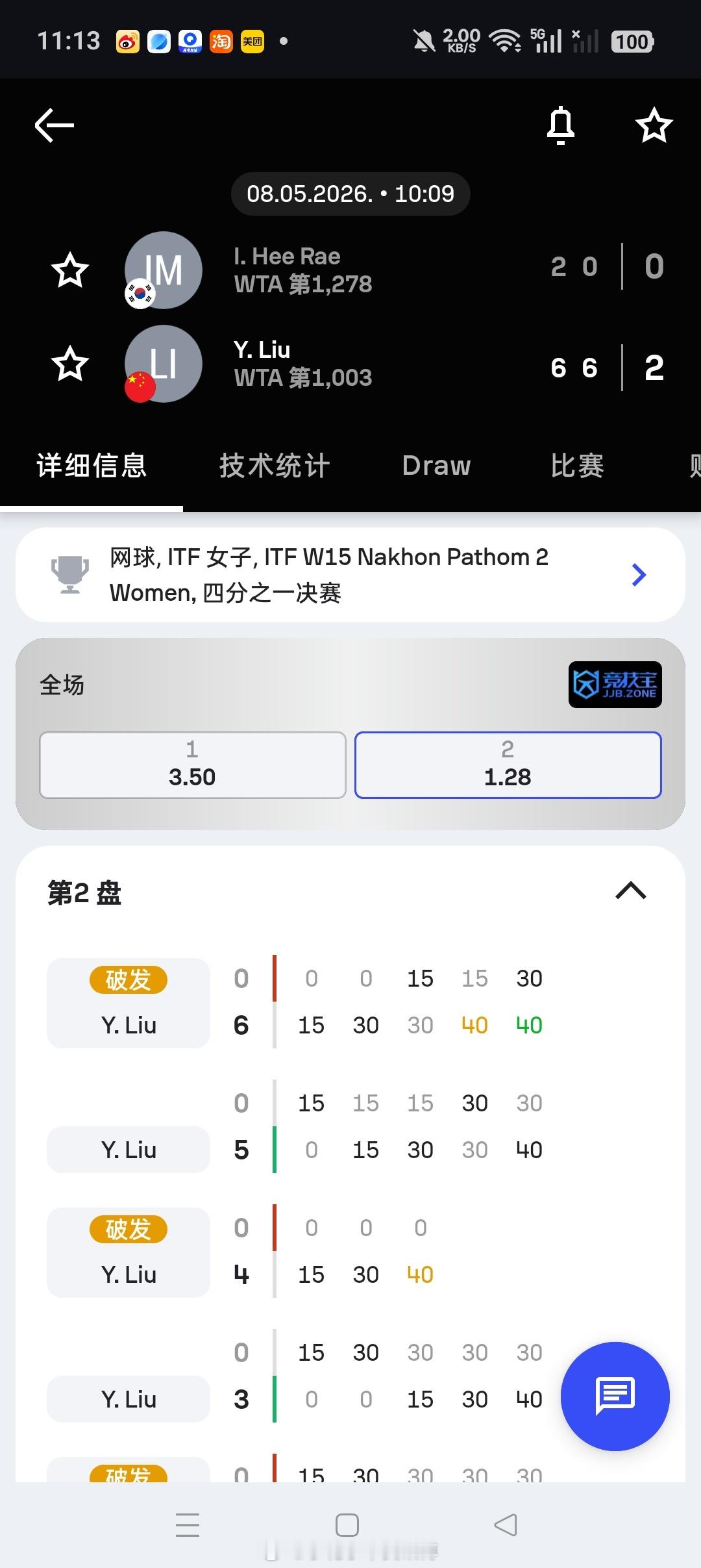 小花小草资讯小花小草资讯【🇹🇭佛统W15】女单四分之一决赛🇨🇳刘钰涵6-