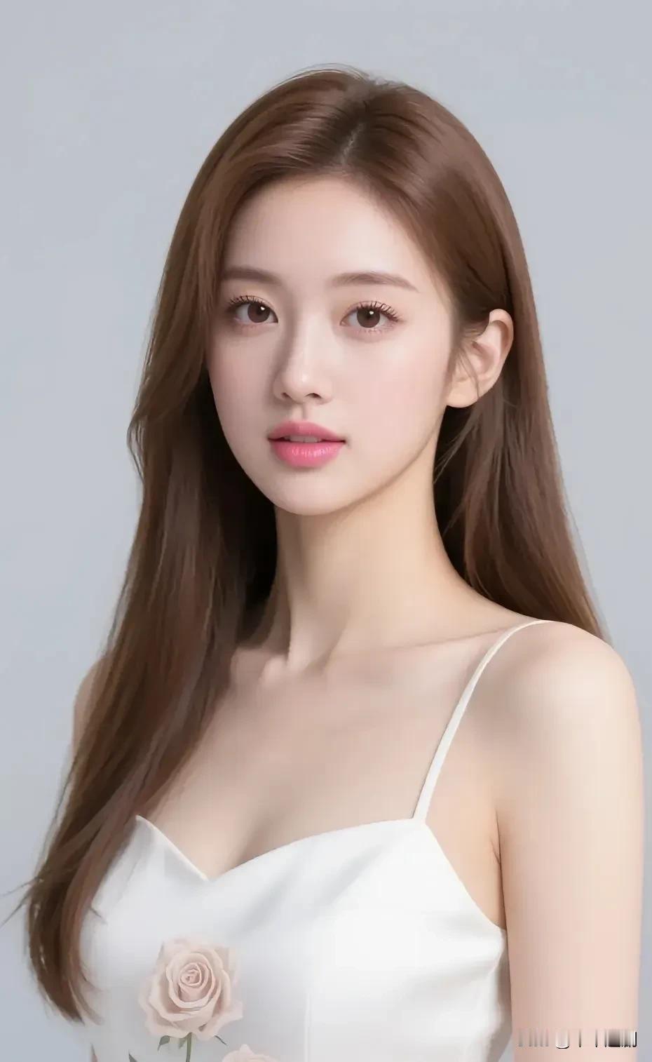 🤍 白裙缀着浅粉玫瑰，长发衬着柔婉眉眼，在极简灰调里，把清甜的温柔藏进了每一处