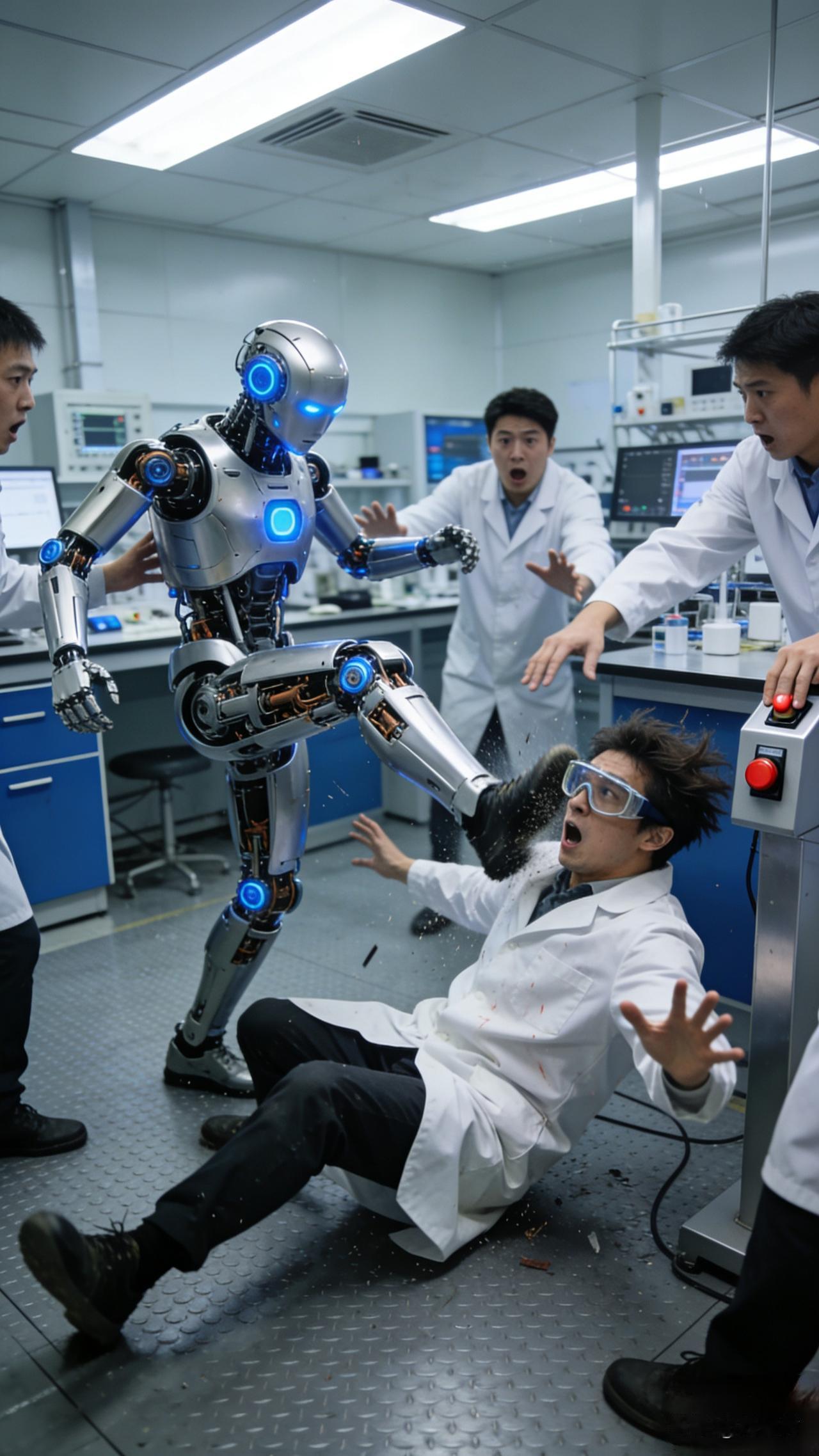 机器人测试突生意外 一脚踹翻工程师
实验室中，工程师正聚精会神地调试人形机器人的