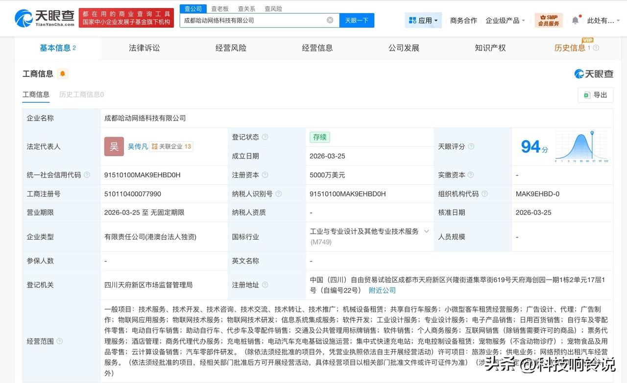 【哈啰出行在成都成立网络科技公司 注册资本5000万美元】
天眼查工商信息显示，
