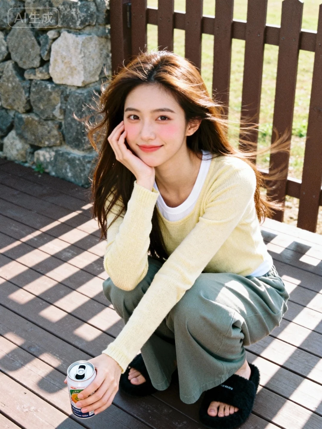 人物主体 面部神态：东亚年轻女性，嘴巴抿着呈可爱神态，单手托腮，妆容清新（自然腮