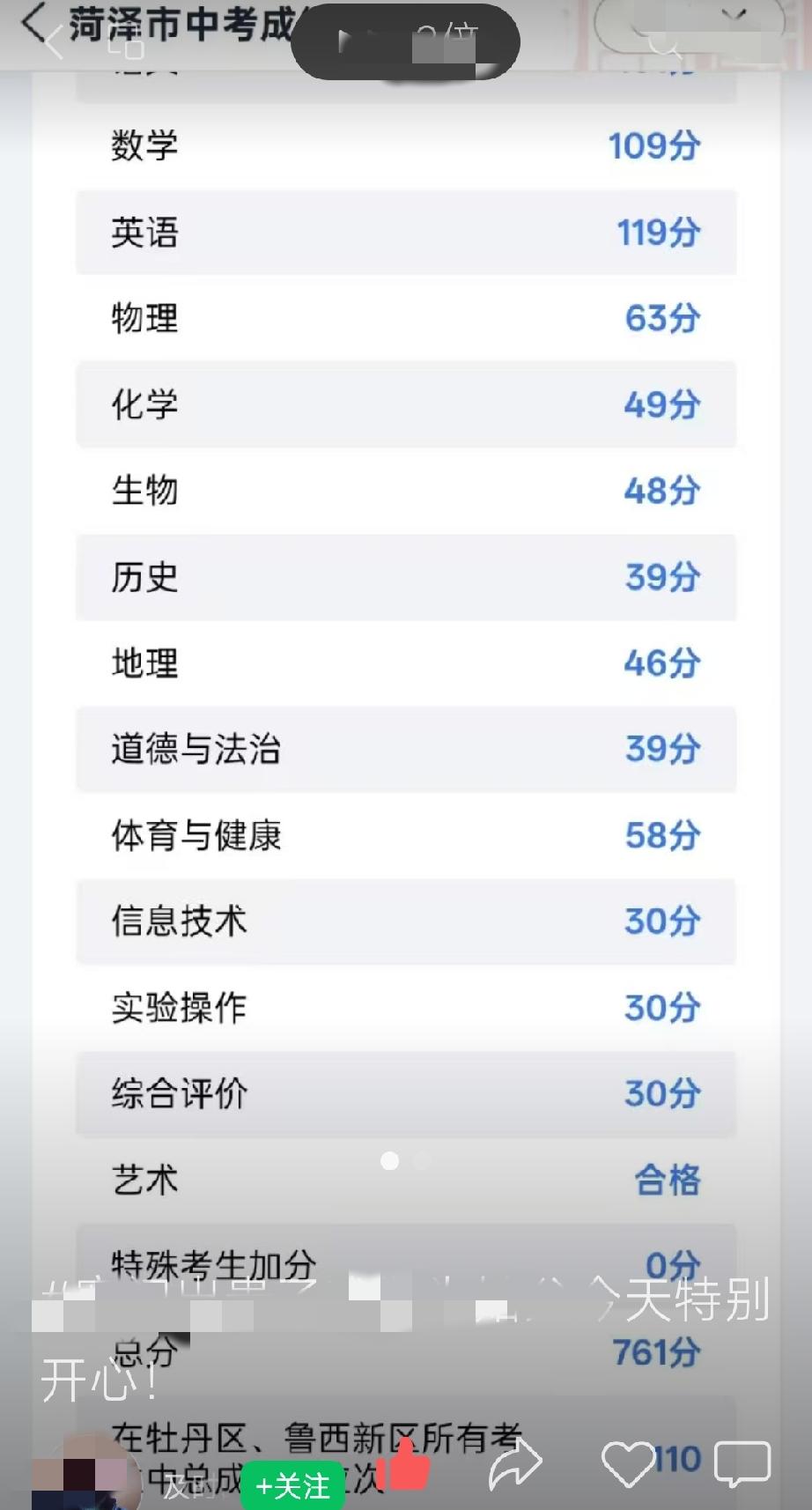 牡丹区、鲁西新区2026年中考成绩761分，位次110。