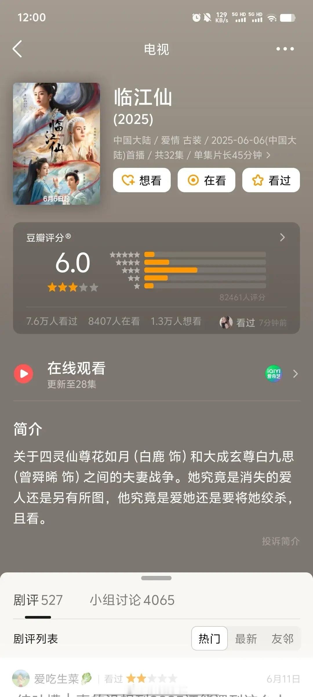 难道没人注意《临江仙》db评分从开分6.1降到了6.0吗？没想到站内热度破万的剧