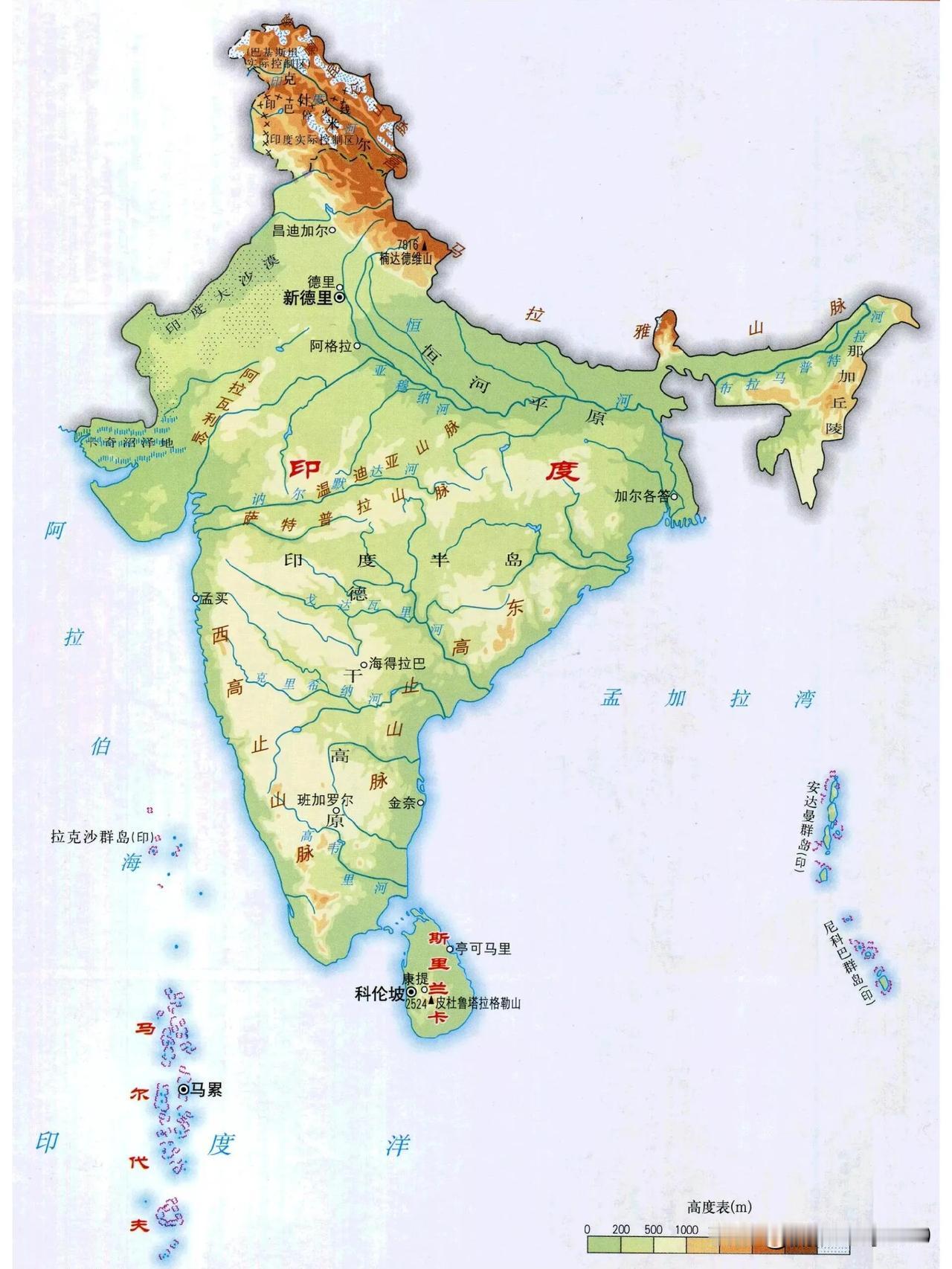 印度地形示意图，印度地形地貌丰富多样。俗话说：“高山有峰谷，大地有起伏。”印度北
