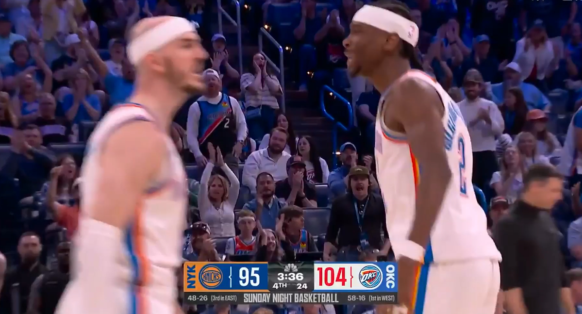 亚历山大发威了，连续得分，雷霆领先尼克斯9分，第四节还有不到4分钟。 