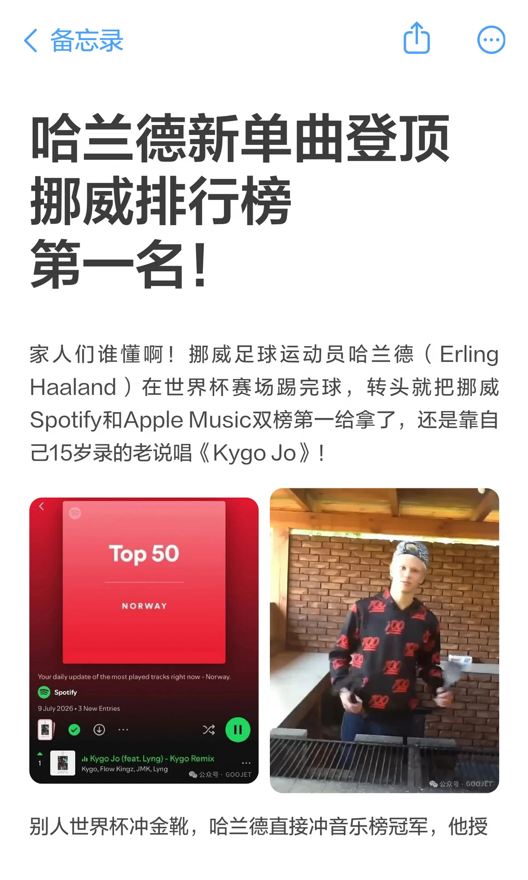 哈兰德新单曲登顶挪威排行榜第一名！