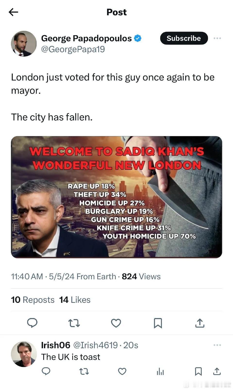 萨迪克·罕第三次当选伦敦市长，尽管在他的治理下，伦敦的强奸增加18%，盗窃增长3
