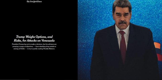 据《纽约时报》报道，白宫正在考虑对委内瑞拉采取三种军事选择： ——对委内瑞拉军事