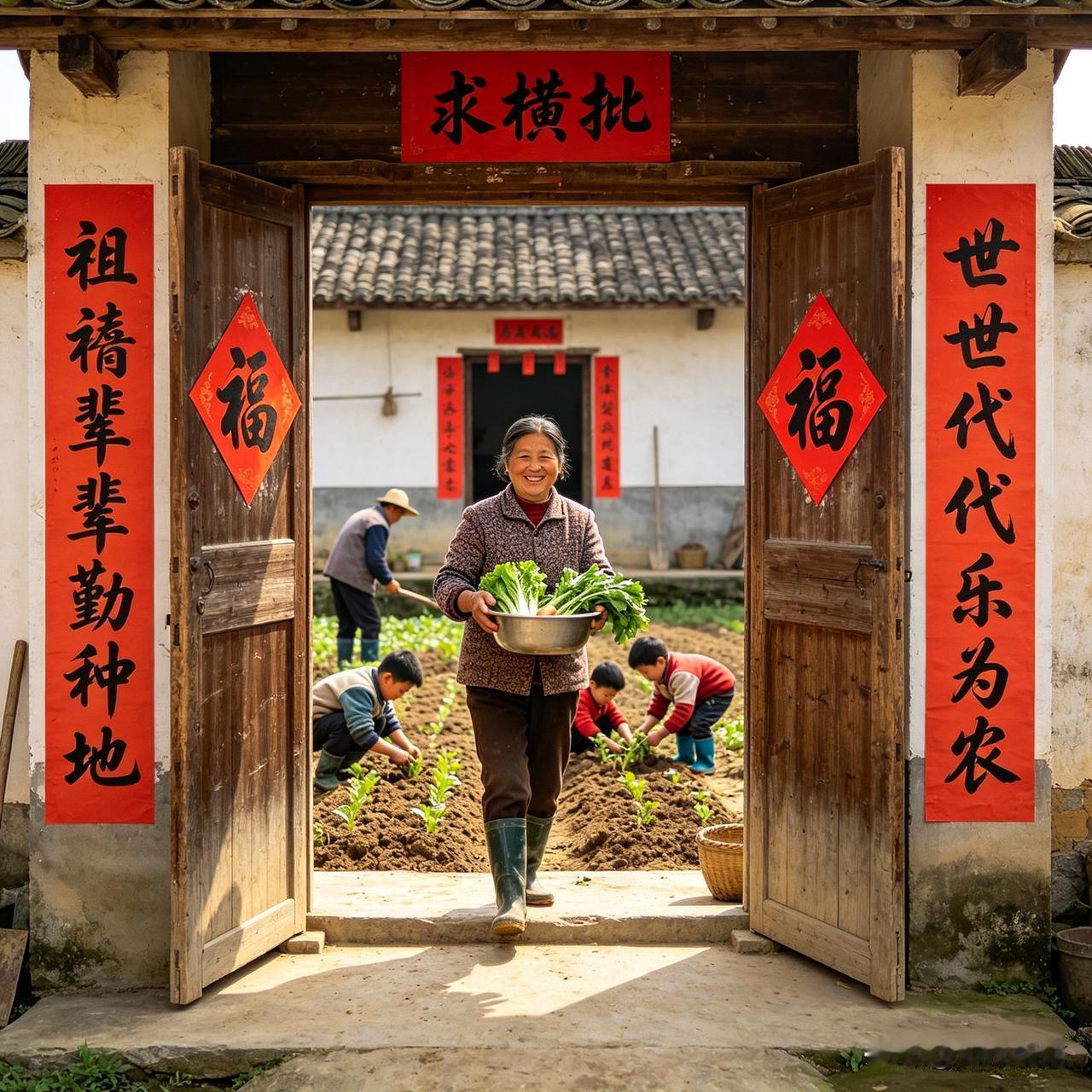 上联：祖祖辈辈勤种地
下联：世世代代乐为农
 
这副联满是对农耕生活的热爱，上联