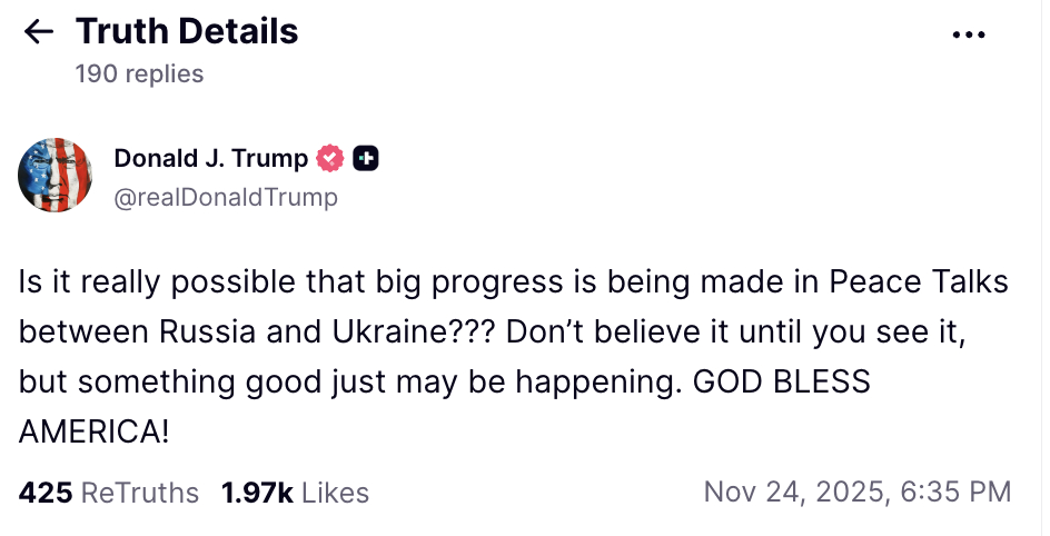 【】刚刚，美国总统特朗普在社交平台发文表示：“俄乌和平谈判真的可能取得重大进展吗