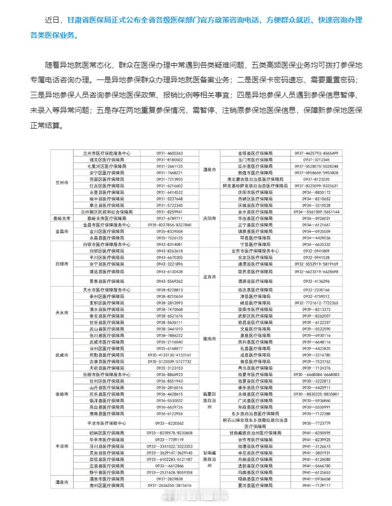 甘肃公布全省医保政策咨询电话【甘肃公布全省医保部门政策咨询电话】近日，甘肃省医保