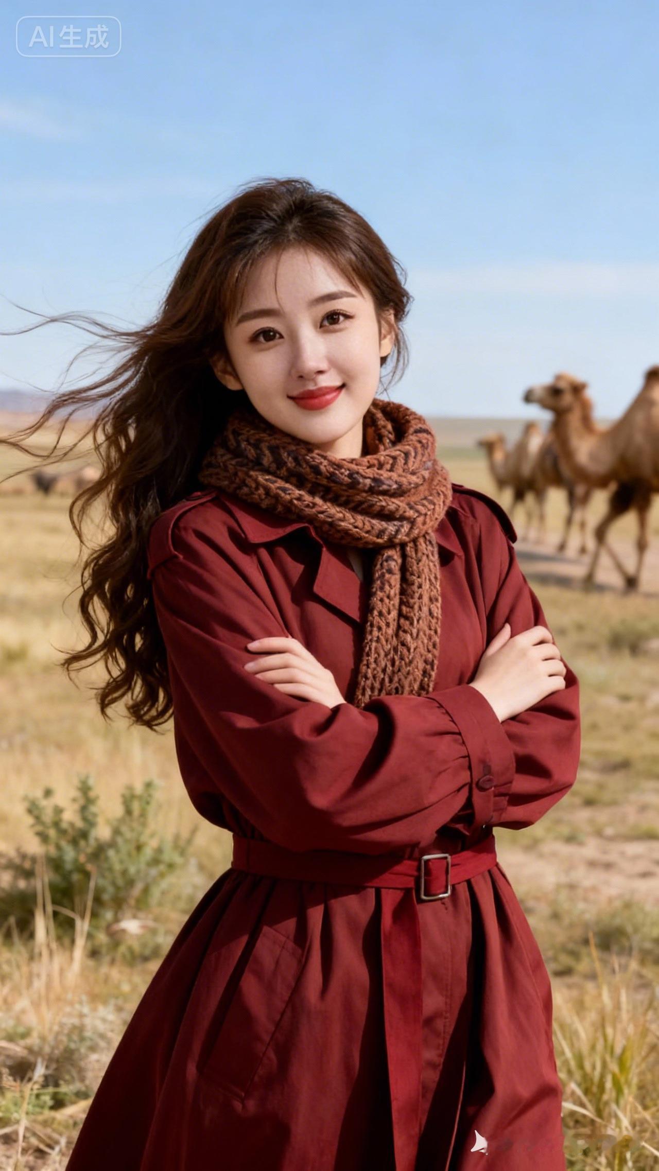 年轻女子棕褐长卷发随风轻扬，酒红宽松垂感长风衣立领，同色腰带束腰显纤姿，咖色针织