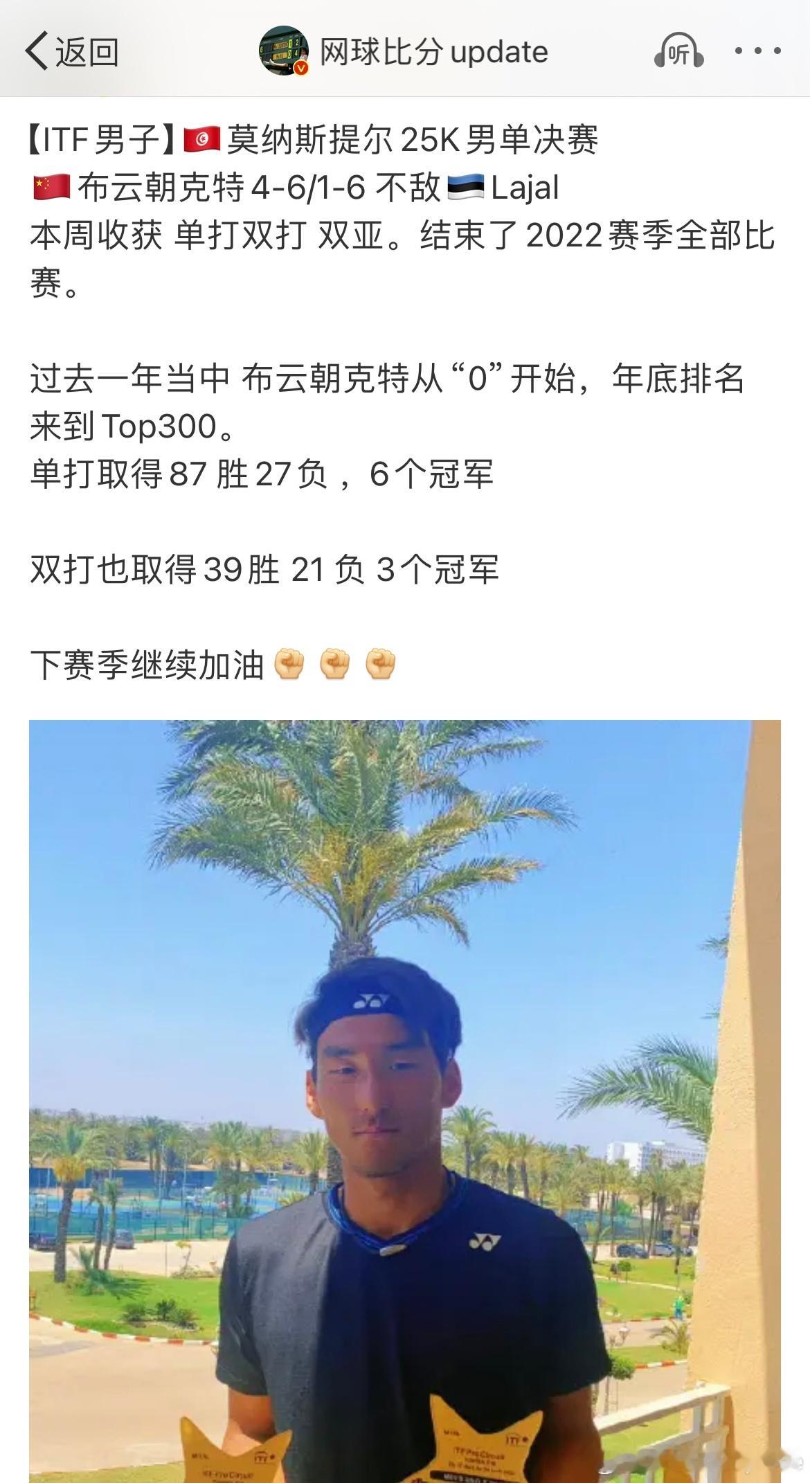 【历史上的今天】2022年布云朝克特在突尼斯M15亚军结束自己职业生涯第一个完整