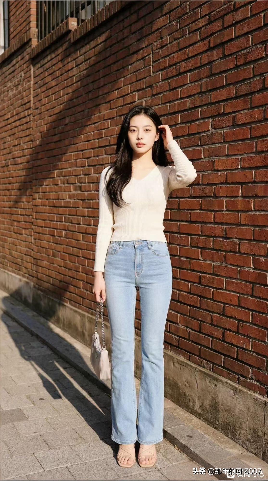 白色毛衣+牛仔裤，简约又时尚，搭配小手袋，完美出街look！米白针织穿搭 白色高