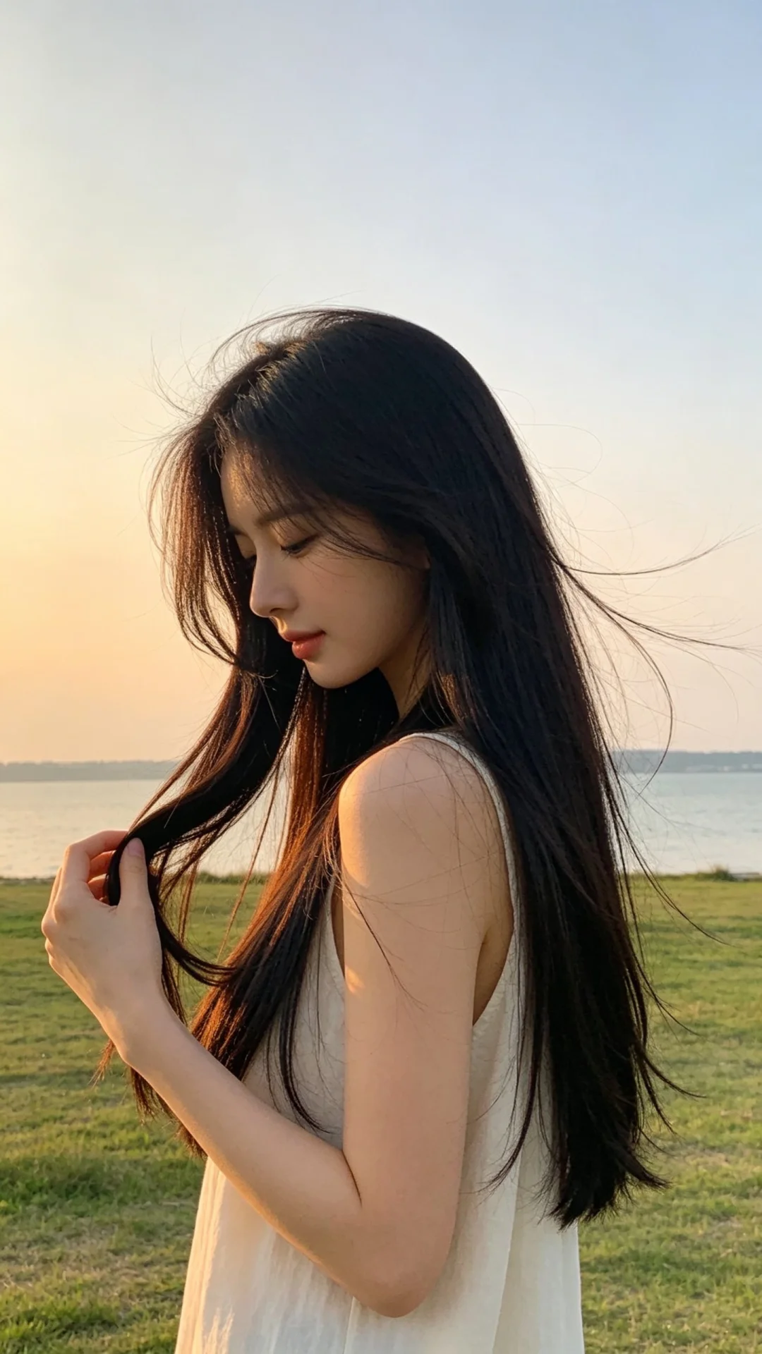 中远景构图，一位长发高质感的女士侧身照，安静文艺氛围，日常快照风格，非...
