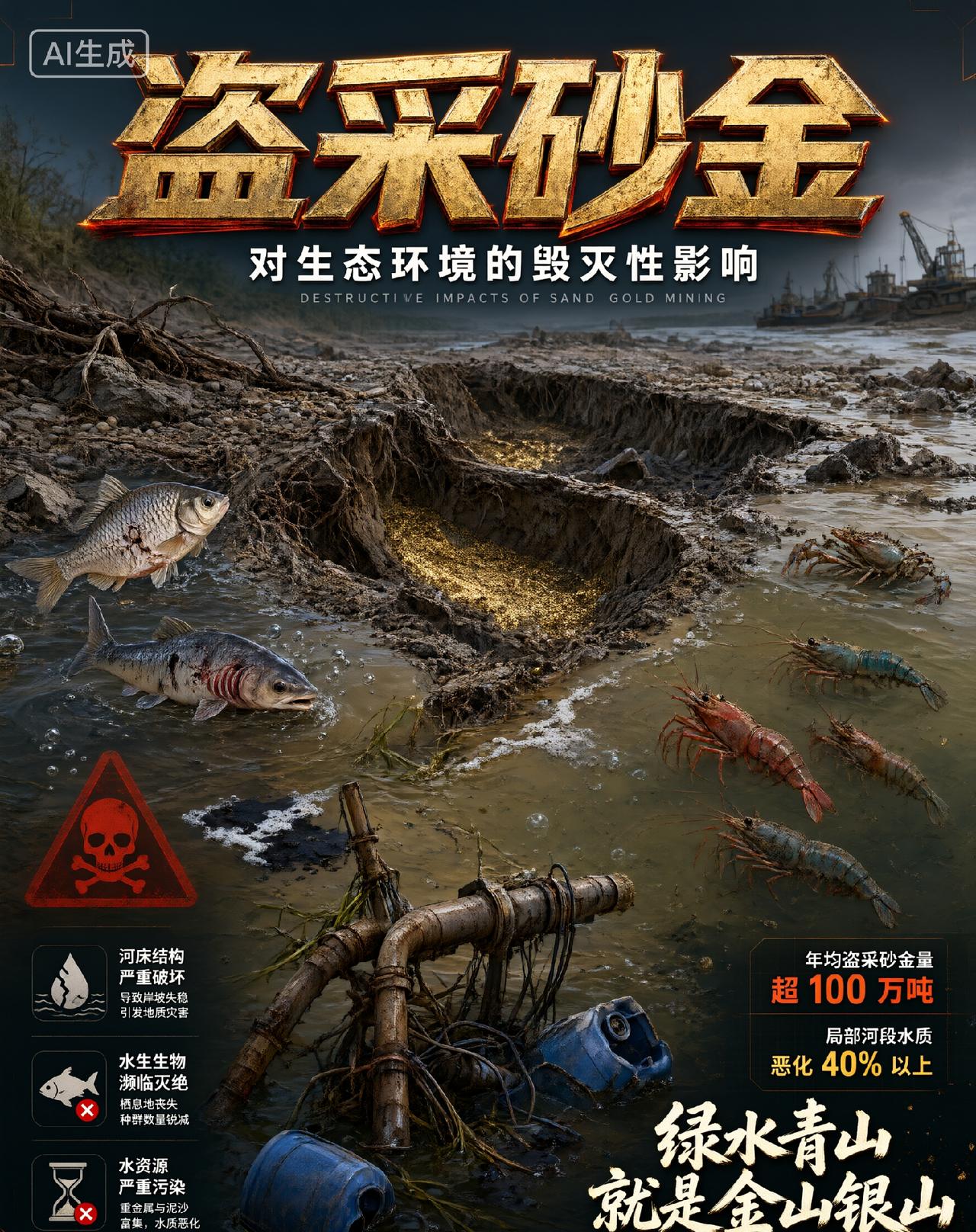 采砂掏金看着像是“捡小钱”，其实它的危害大了去了——首先特别破坏环境:  它会把