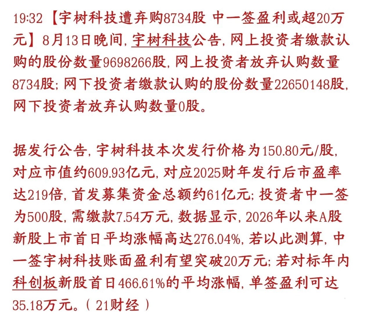 宇树科技都有人弃购，二手黄牛都已经溢价一倍以上收购宇树科技完成新股申购缴款：网上
