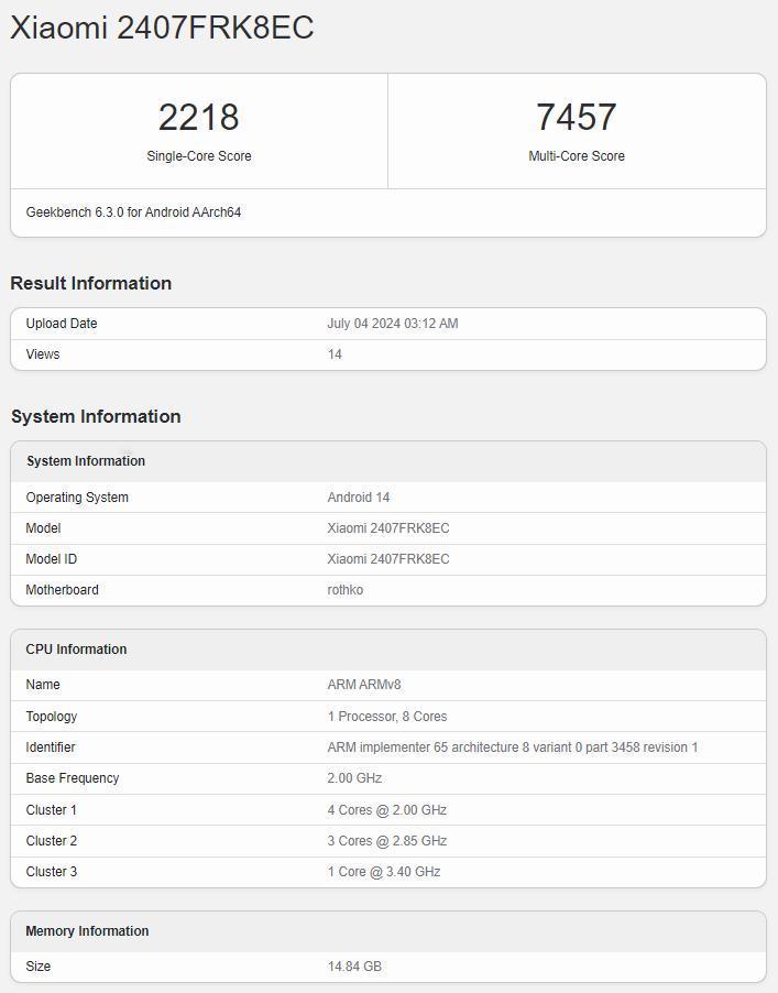 红米K70Ultra的Geekbench跑分已经出来了，单核2218，多核745