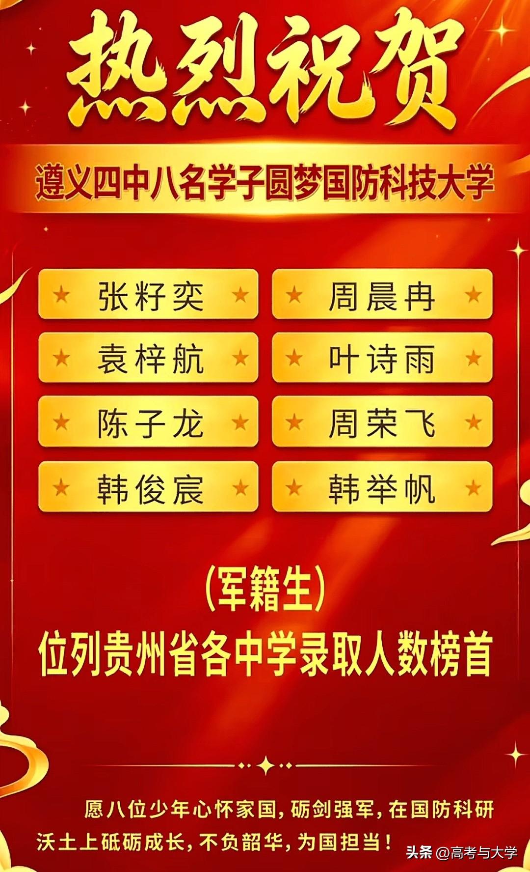 遵义四中2026年高考录取国防科技大学(有军籍)8人，录取人数全省最多。
其它高