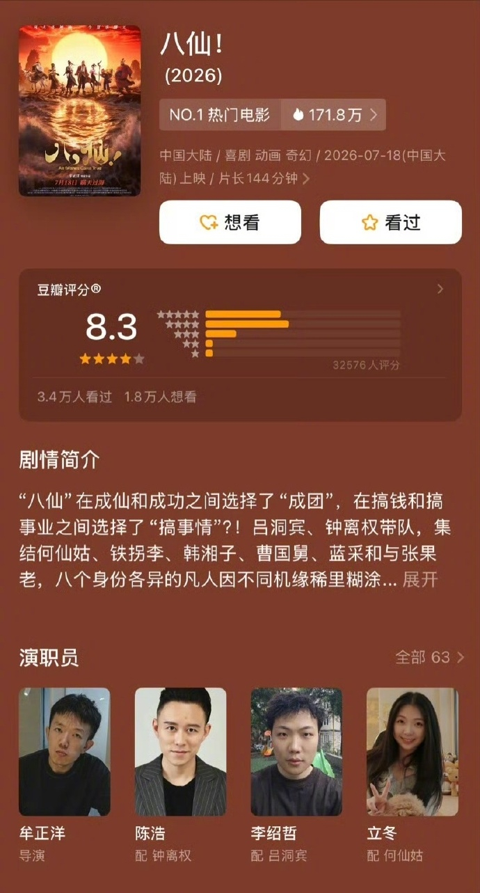八仙豆瓣8.3 电影《八仙》豆瓣开分8.3，评价好高！看过的说说这分高了还是低了
