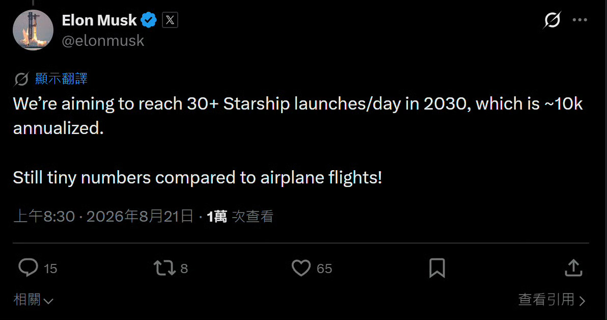 向着航天马斯克 【Elon Musk: SpaceX 在2030年达到每天Sta