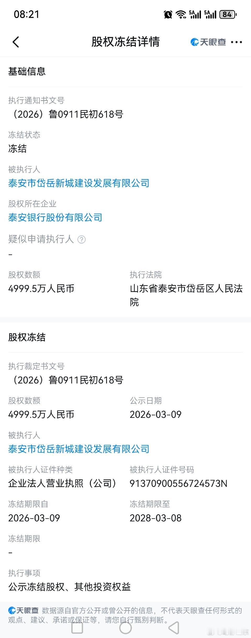泰安市岱岳新城建设发展有限公司所持泰安银行4999.5万元股权被司法冻结近日，泰