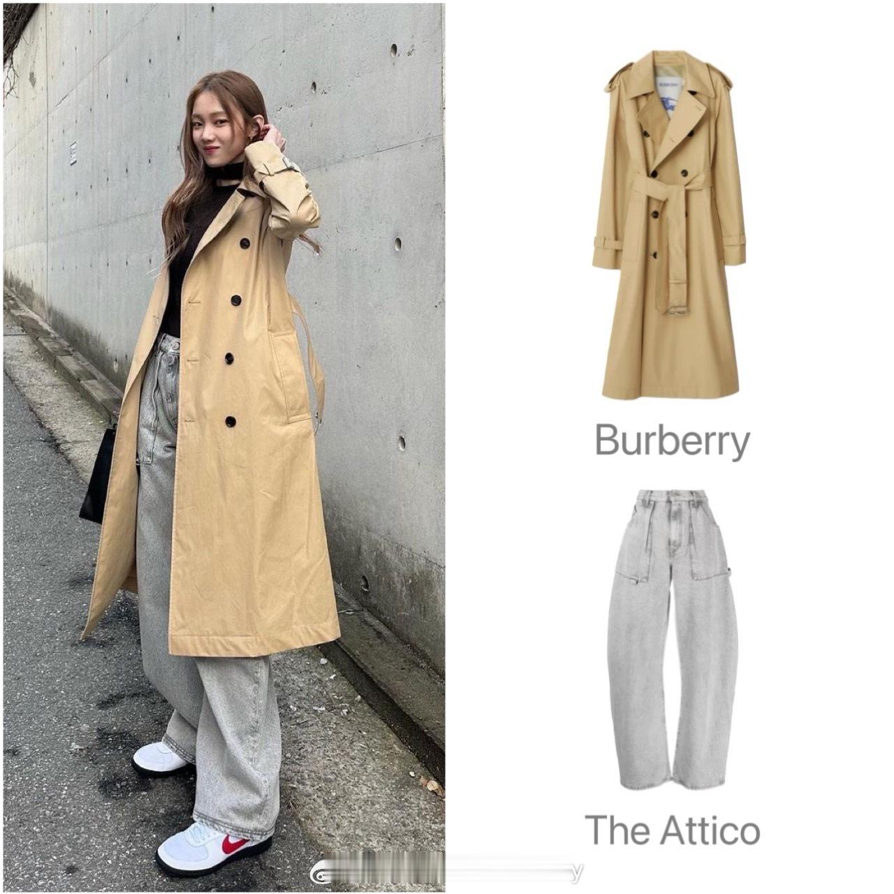 李圣经ins晒照，卡其色风衣搭配浅灰色高腰阔腿牛仔裤，落落大方且帅气干练，日常通