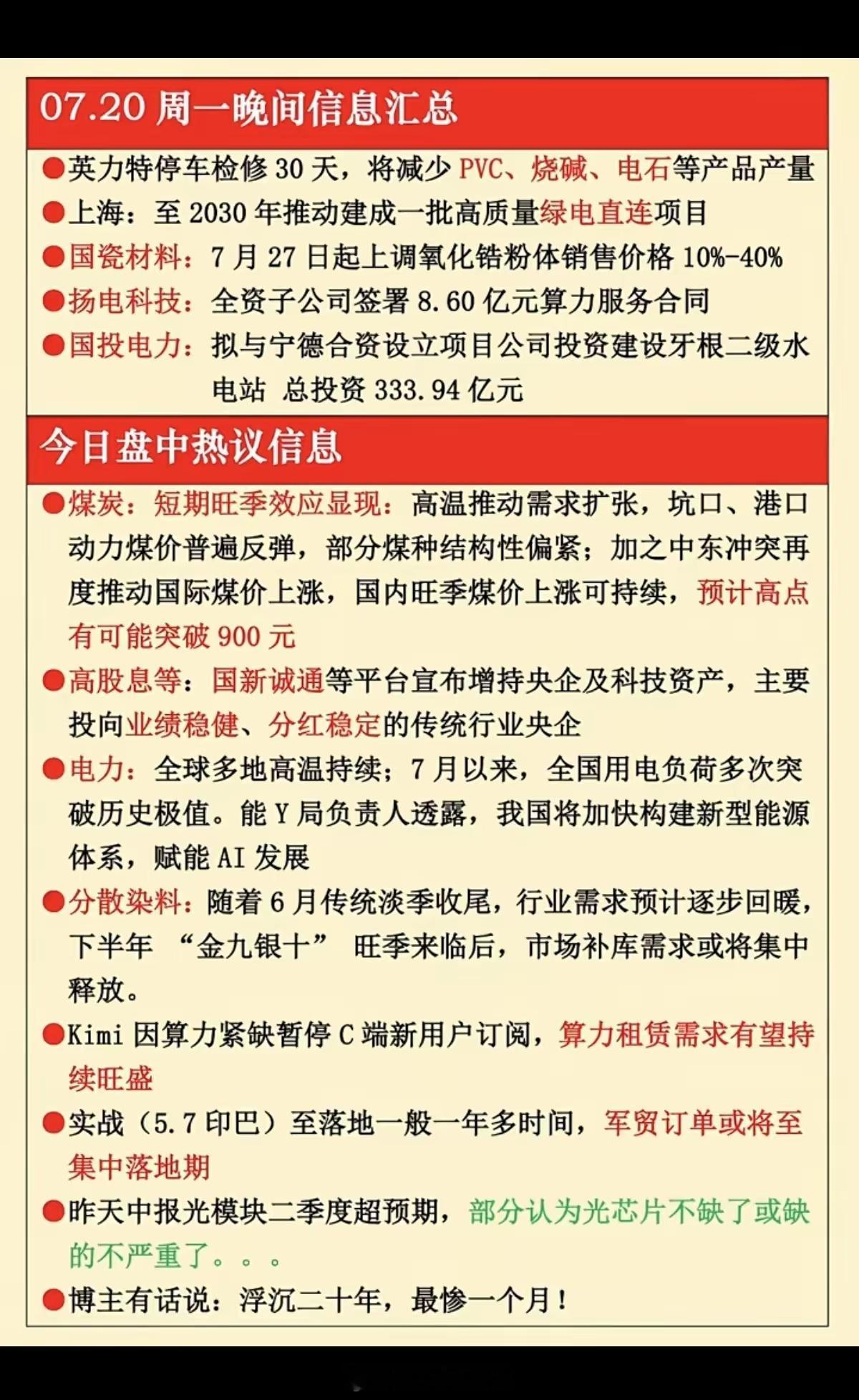 7.20周一  晚间：财经热点信息参考！1.烧碱、PVC2.绿电直连3.煤炭4.