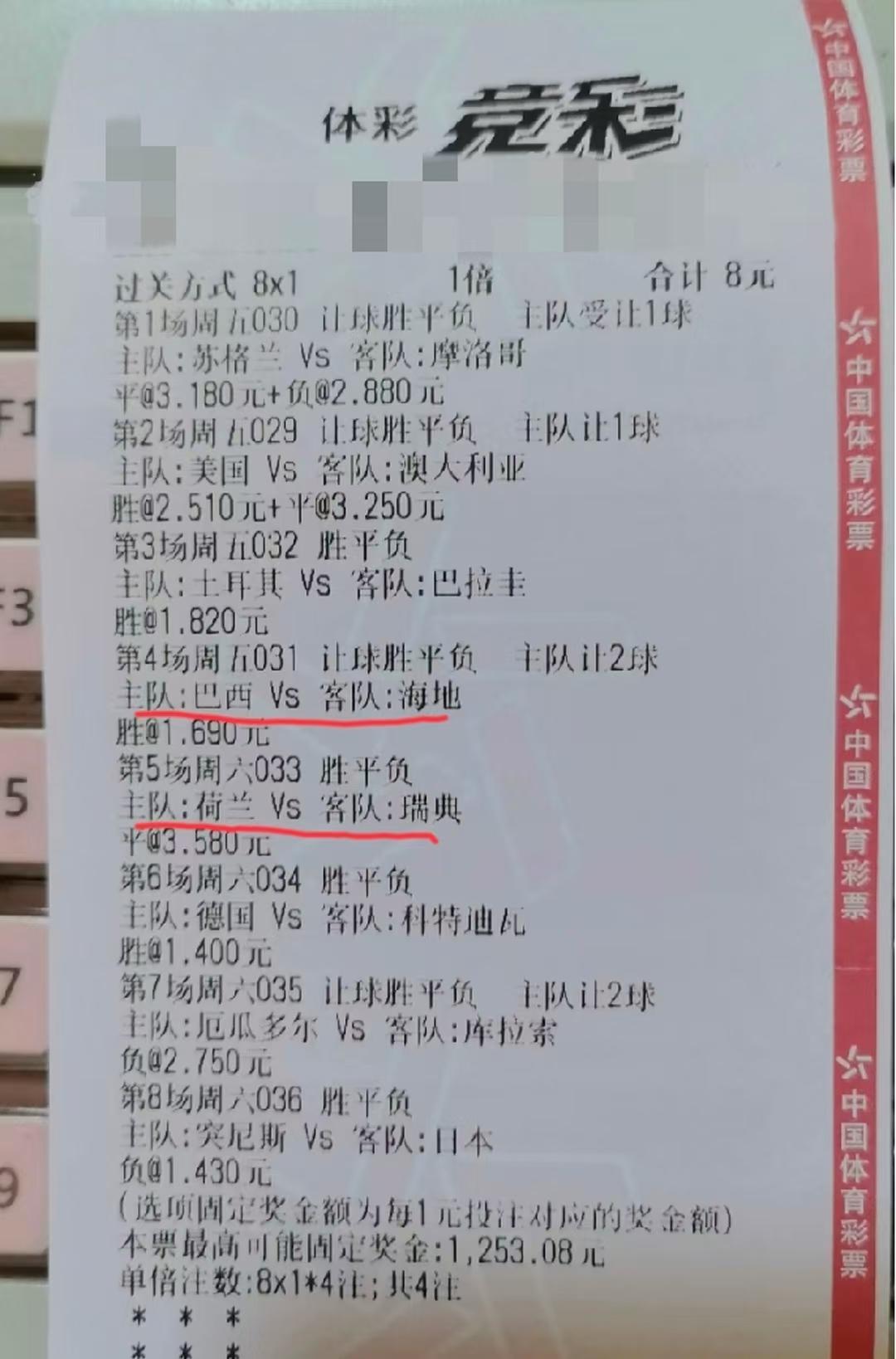 网友晒出的一张“8串1”的足球彩票，大家觉得哪几场有可能出错？
个人觉得巴西vs
