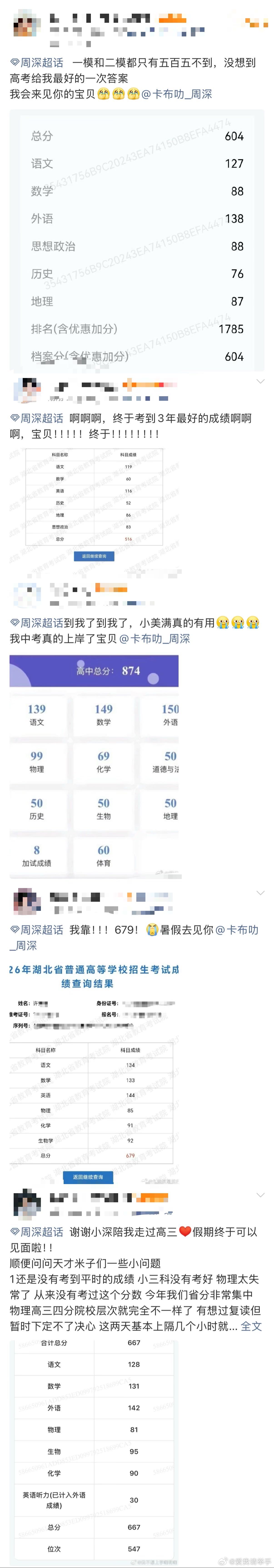 周深超话被喜报刷屏 随着高考成绩陆续公布，周深超话内考生粉丝分享着自己的喜悦。周