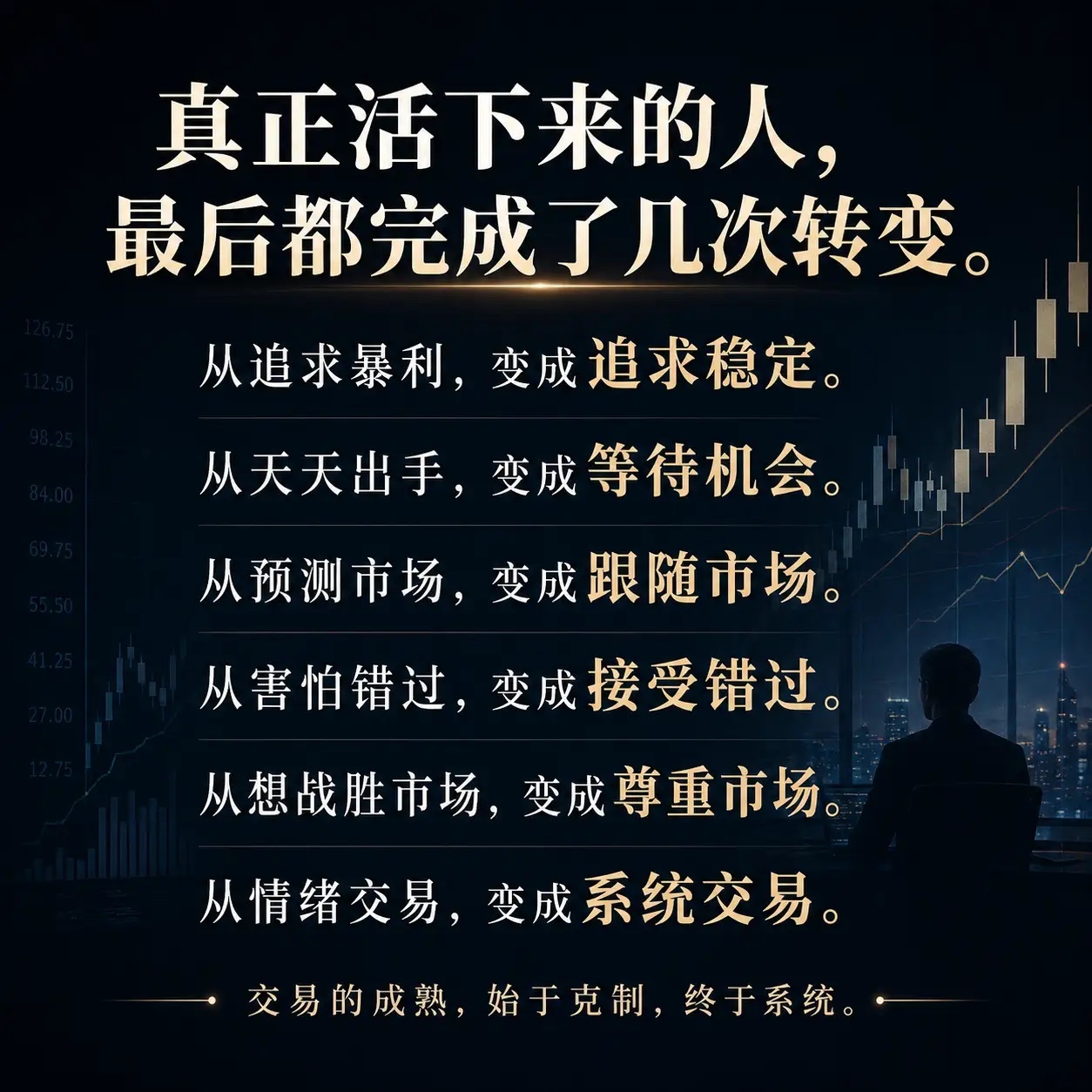 真正活下来的人，最后都完成了几次转变。从追求暴利，变成追求稳定。从天天出手，变成