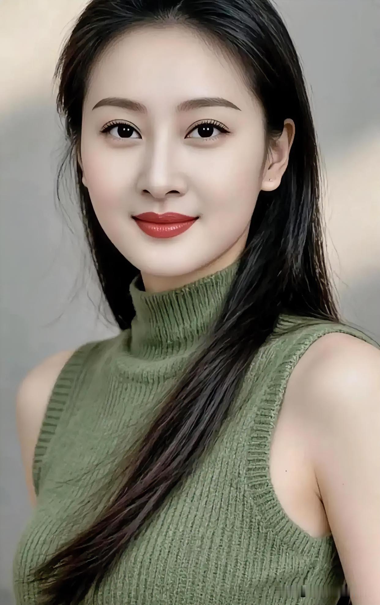 墨绿针织露肩，温柔包裹曼妙曲线。长发垂顺，红唇浅笑，诠释高级质感与静谧之美。