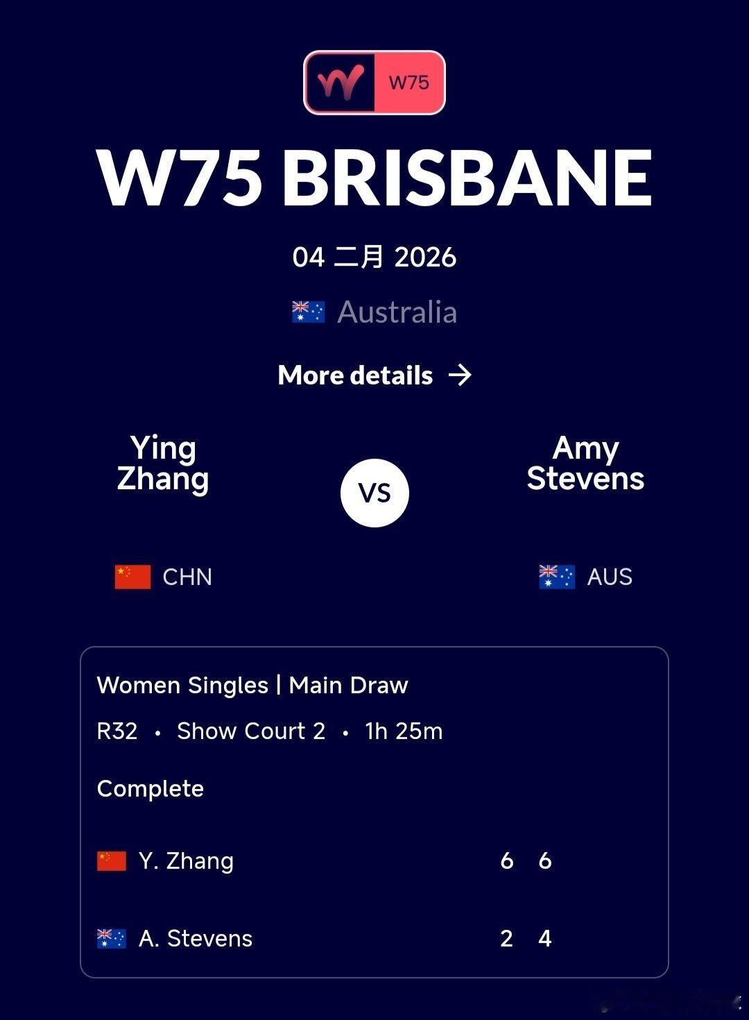 W75布里斯班站🇦🇺女单第一轮张莹🇨🇳6-2/6-4战胜斯蒂芬斯🇦🇺