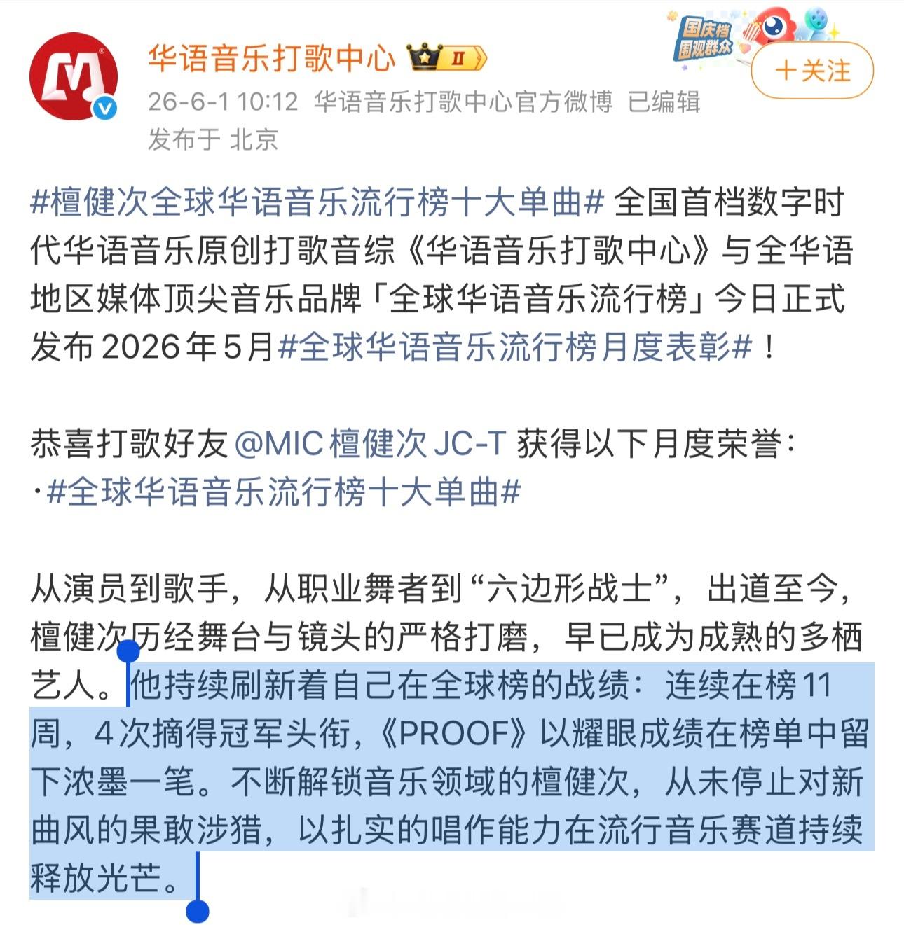 全球华语音乐流行榜月度表彰檀健次《PROOF》获得全球华语音乐流行榜十大单曲恭喜