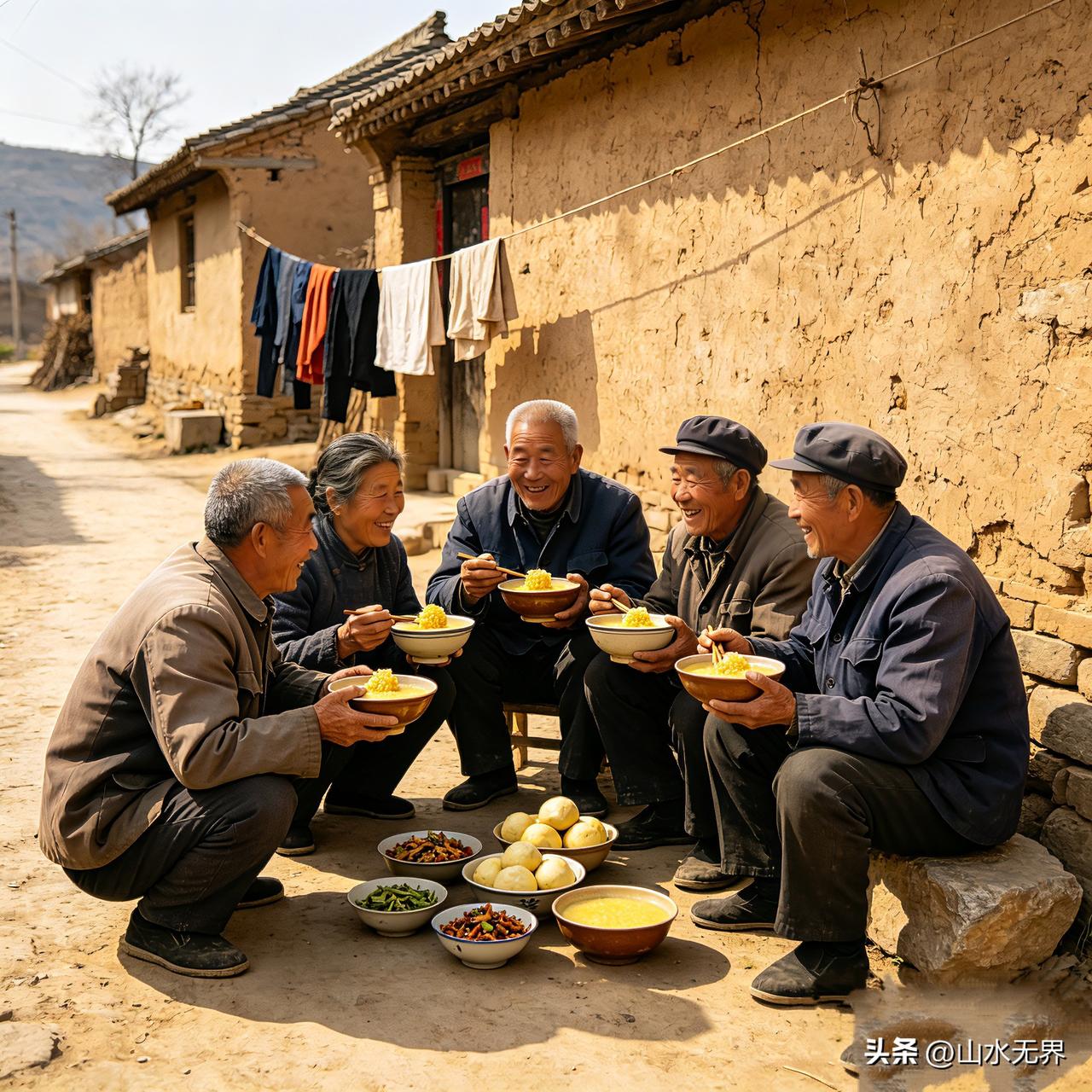 老一辈农村人，想必都忘不了生产队年代街头吃饭的画面。
 
那时候全村人统一上工劳
