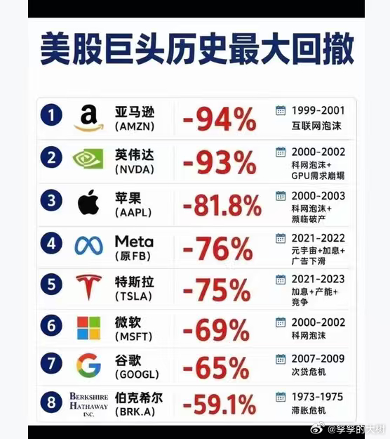 美股巨头历史最大回撤 