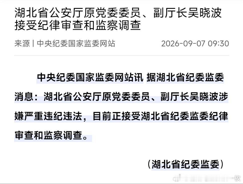 湖北省公安厅原党委委员、副厅长吴晓波接受纪律审查和监察调查。 ​​​
