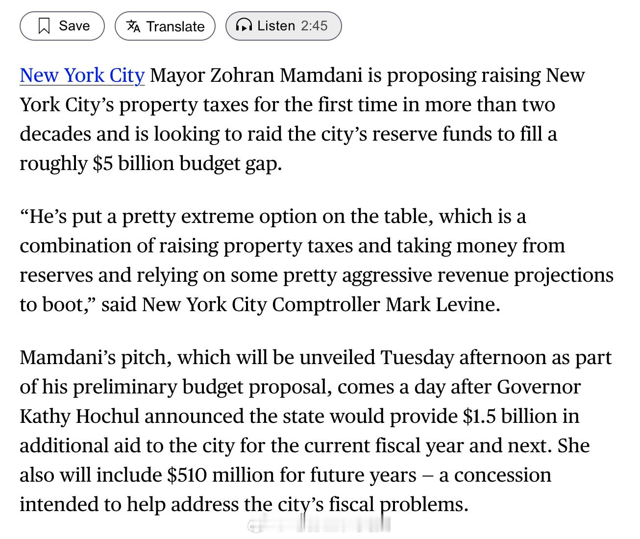 纽约市长Mamdani 打算在纽约市时隔20多年后首次提高房产税，并动用储备金，