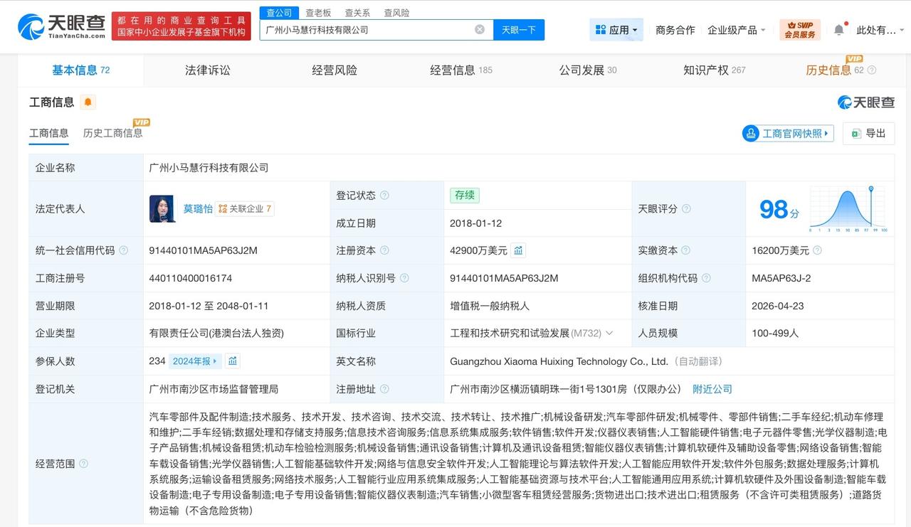小马智行旗下广州小马慧行公司增资至4.29亿美元 增幅约23%

天眼查App显