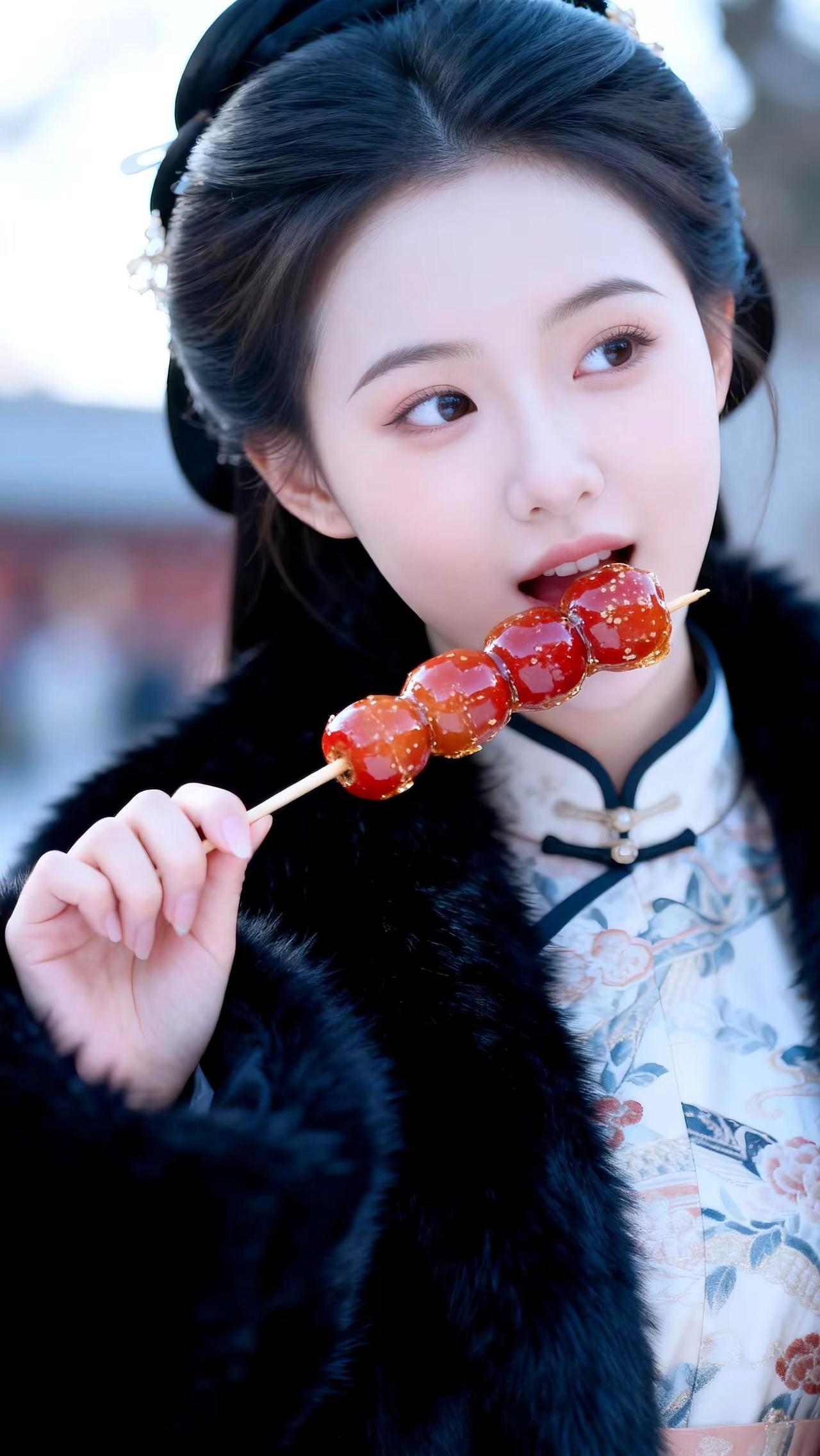 夕阳把糖葫芦的糖衣照得发亮，就像小时候妈妈举着它递到我面前的样子，你童年的冰糖葫