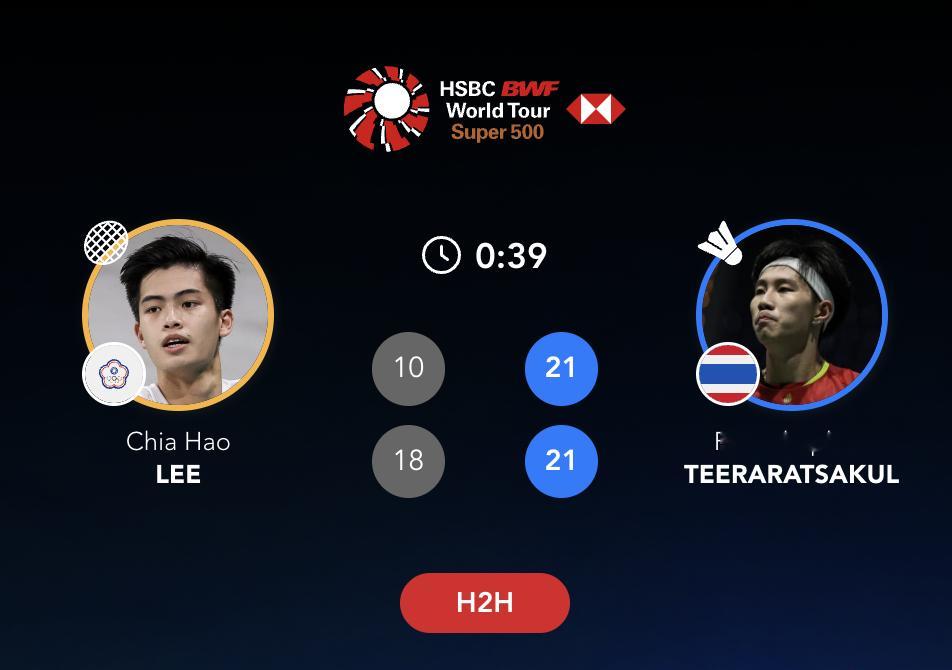 帕尼查蓬🇹🇭 21-10、21-18 李佳豪下轮对手：李梓嘉🇲🇾 vs 