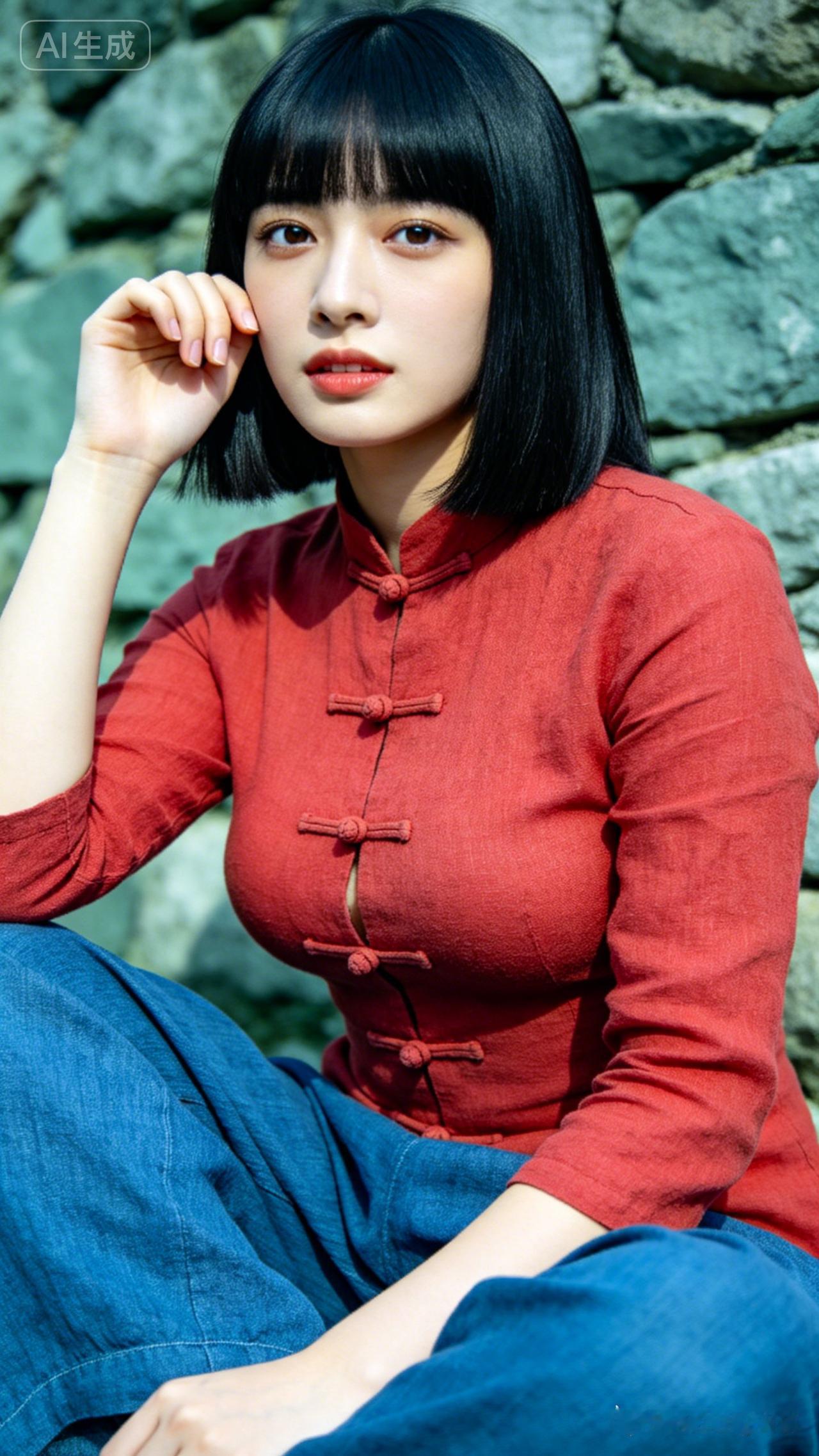 复古红衣少女，石墙前静坐，黑发如瀑，红唇微启，时光静好。