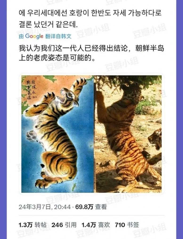 韩国网民惊喜地发现朝鲜半岛原来是一只“俯卧的老虎”，甚是欢喜，并为这只“老虎”编