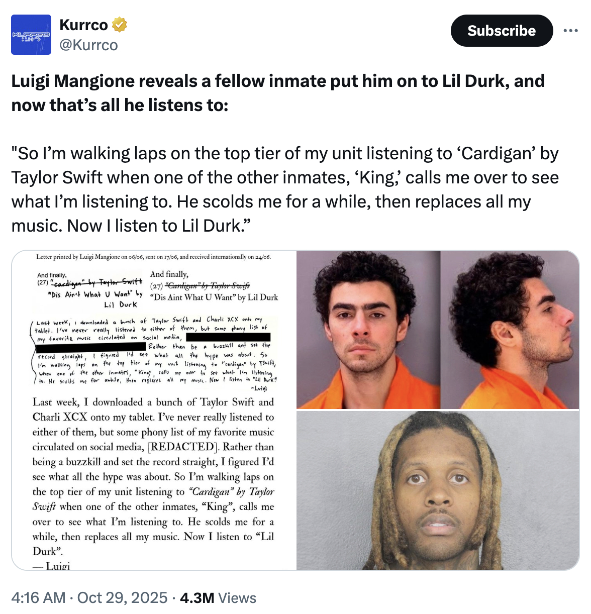 怎么这么好笑，Luigi透露自己因为听霉霉的歌被狱友数落在新曝光的信件中，路易吉