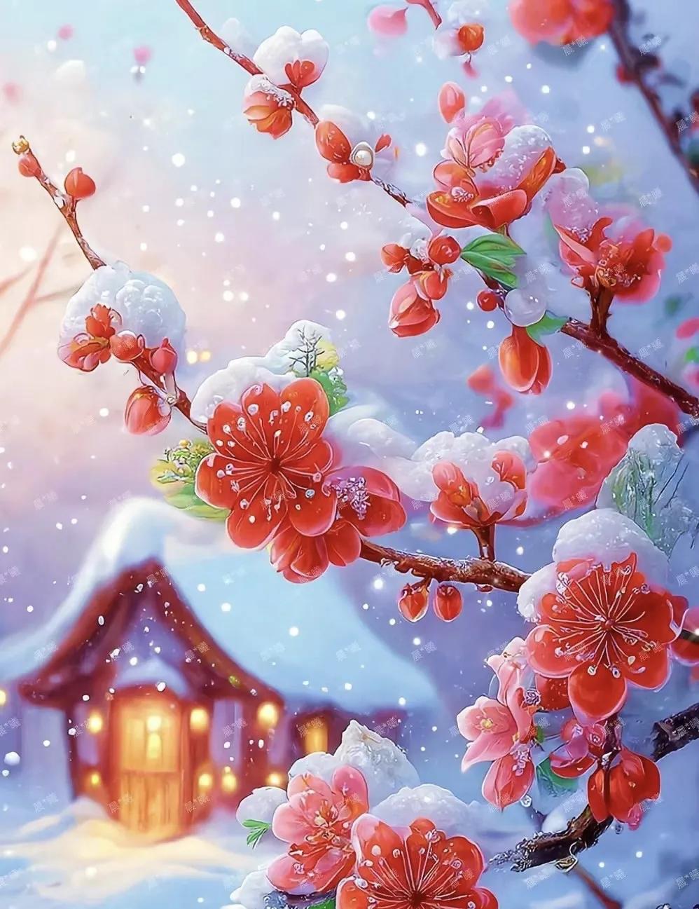 一>
上联：雪落梅花俏
下联：风吹冰蕊洁
——：若有佳人傍
——：入眸诗画绝
