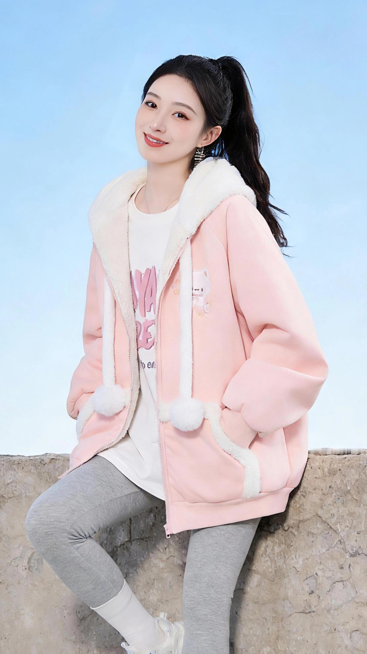 粉雾暖阳
 
浅粉的外套像一团温柔的云，被她轻轻披在肩上。毛绒绒的帽檐滚着米白的