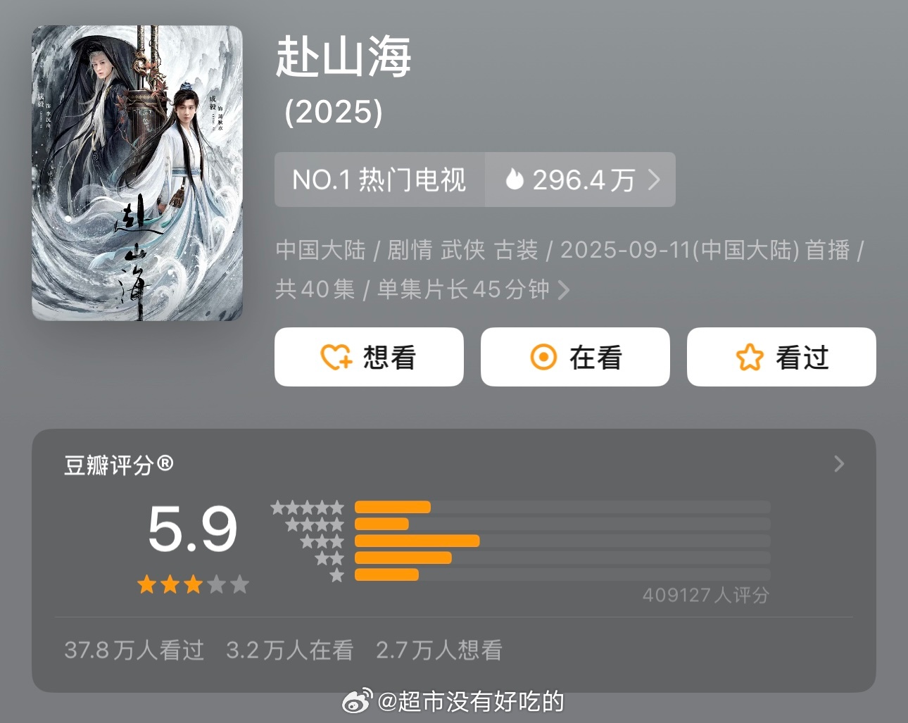 成毅《赴山海》开分人数第二天破40万 ​​​