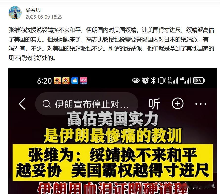 张维为教授说得很清楚：绥靖换不来和平。伊朗就是典型 —— 冲突初期，伊朗国内绥靖